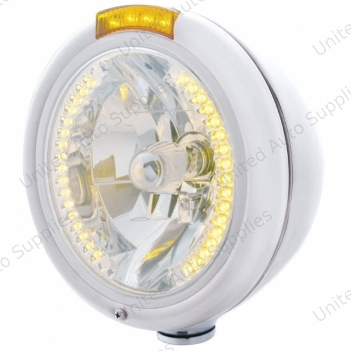 Chrome Classic Headlight H4 With 34 Amber LED & LED Signal - Amber Lens