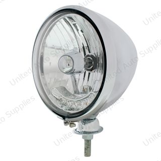 7" Stainless Dietz Style Headlight With 12 Volt Crystal Halogen Bulb & 6 Amber LED