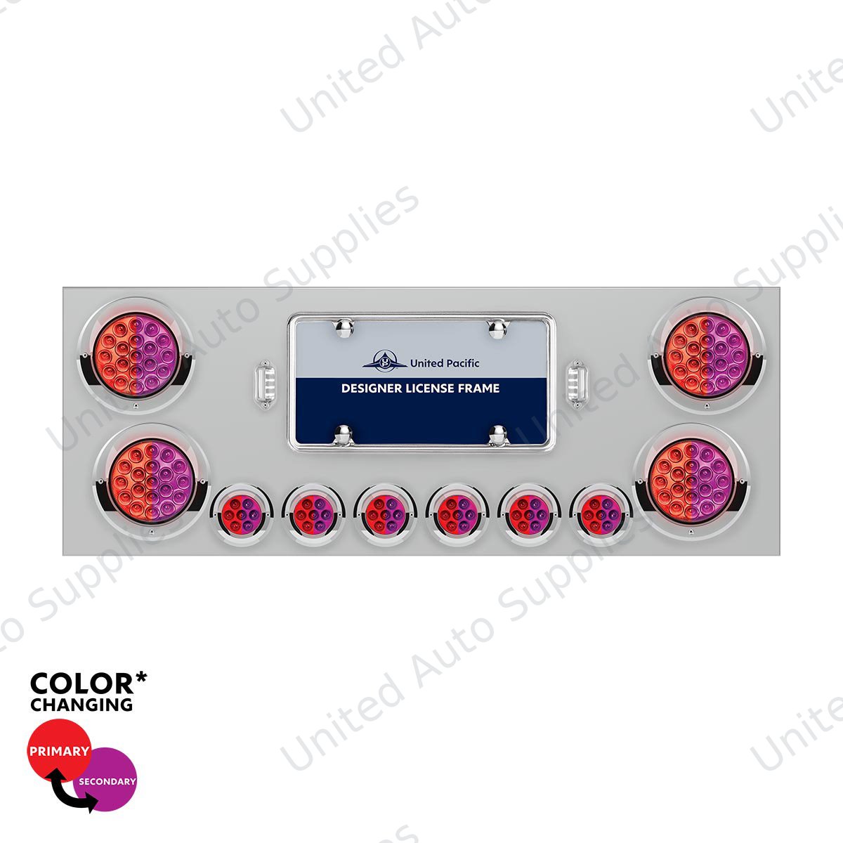 SS Rear Center Panel With 4X 19 LED 4" & 6X 7 LED 2" Double Fury Lights & Visors-Red & Purple LED