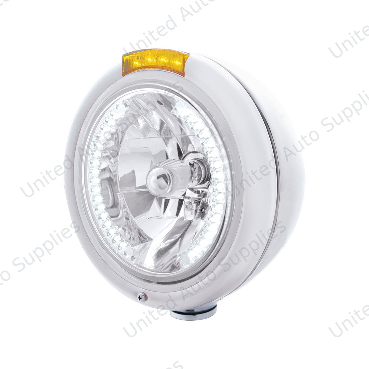 Stainless Steel Classic Headlight H4 With 34 White LED & Dual Mode LED Signal - Amber Lens