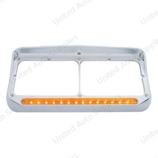 14 LED Chrome Rectangular Dual Headlight Bezel With Visor - Amber LED/Amber Lens