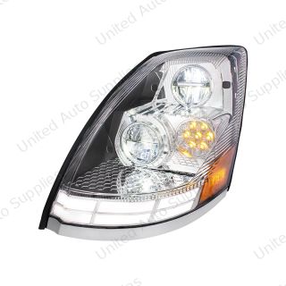 Chrome LED Headlight With Dual Color LED Light Bars For 2003-2017 Volvo VN/VNL - Driver