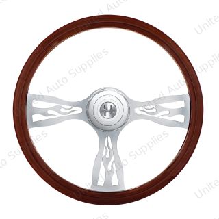 18" Flame Style Wood Steering Wheel With Hub & Horn Button Kit For Peterbilt (2006+) & Kenworth (2003+)