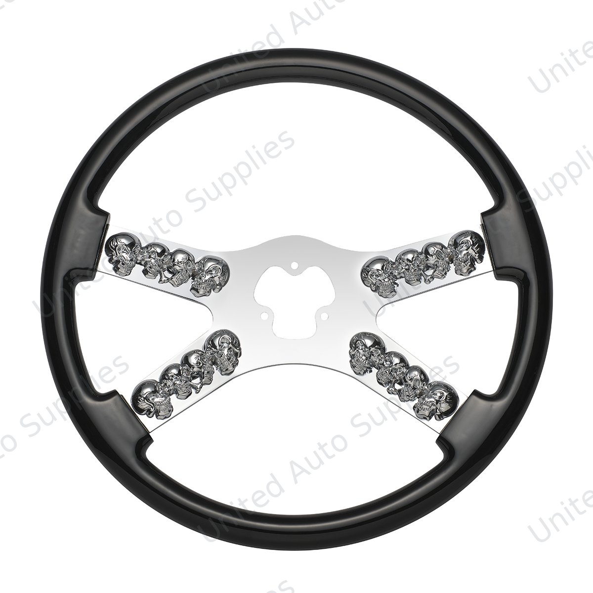 18" Chrome Steering Wheel With Skull Accent - Black
