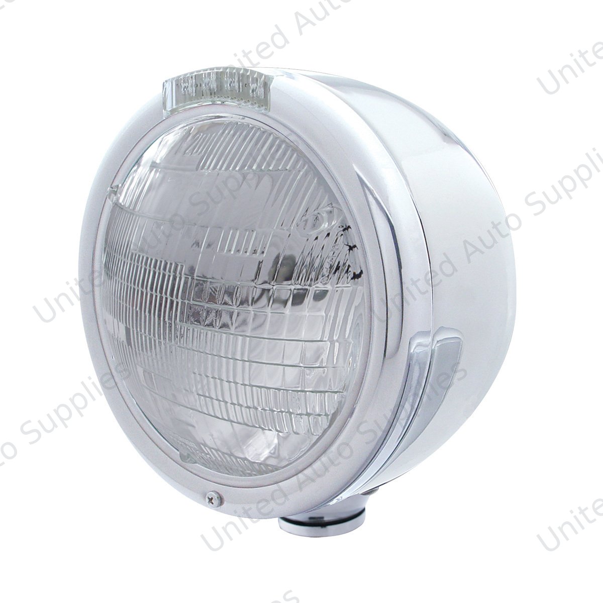 Stainless Steel Classic Half Moon Headlight 6014 Bulb & LED Turn Signal - Clear Lens