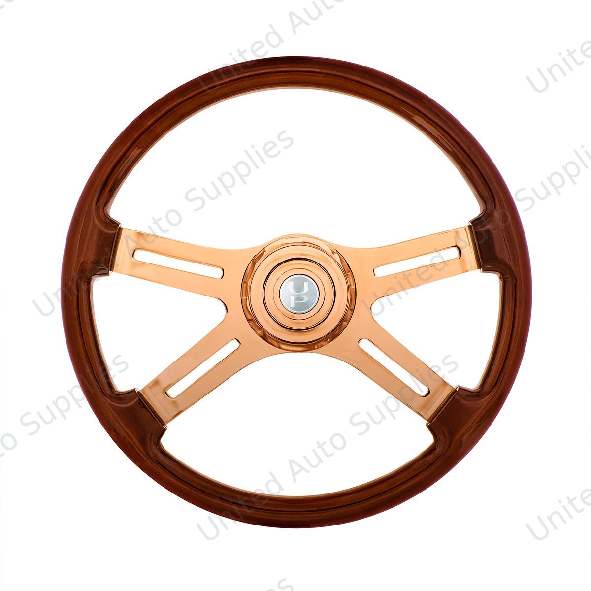 18" Rose Gold 4 Spoke Steering Wheel With Horn Button & Bezel-Wood Grain