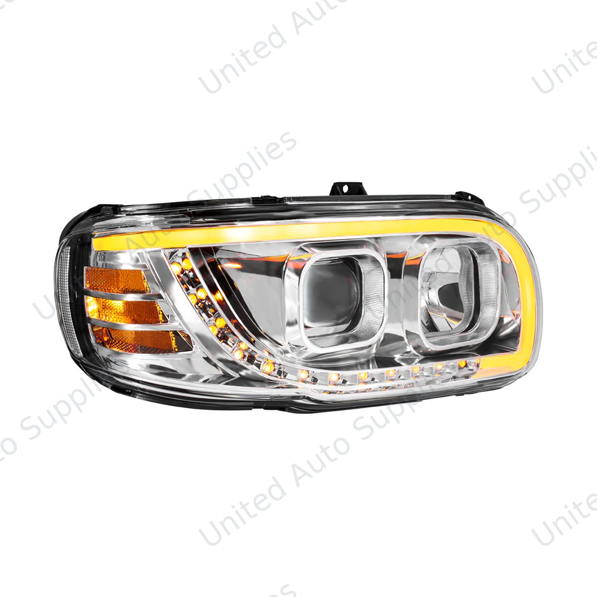 Chrome Projection Headlight With LED Turn Signal & Light Bar For 2008-2024 Peterbilt 389-Passenger