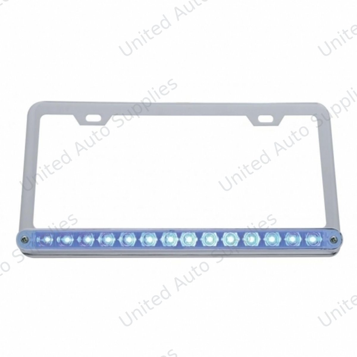 Chrome License Plate Frame With 14 LED 12" Light Bar - Blue LED/Clear Lens
