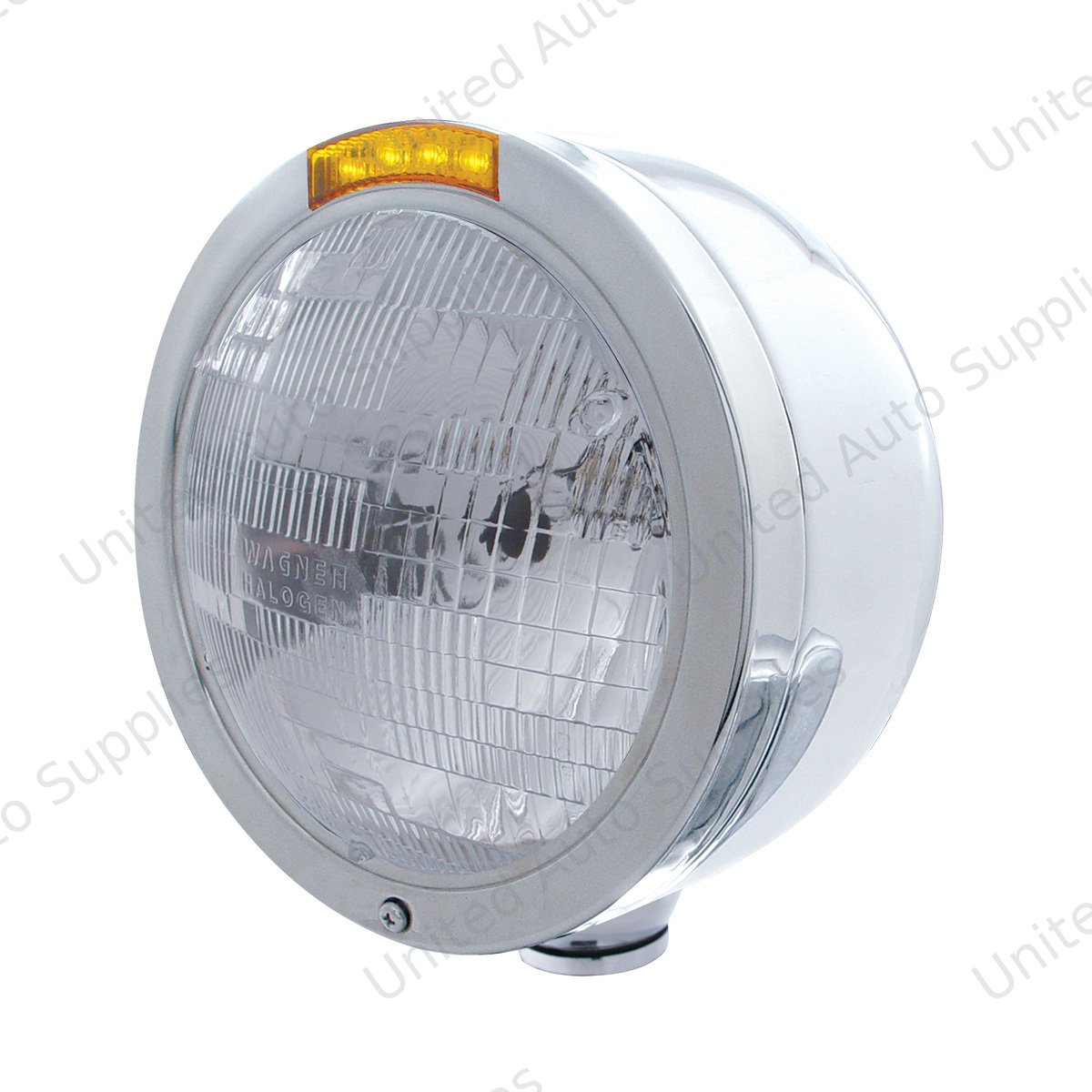 Stainless Steel Bullet Half Moon Headlight H6024 Bulb & LED Turn Signal - Amber Lens
